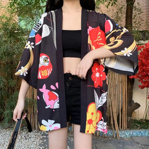 Japanese-themed Red Black Lucky Cat Kimono-Kawaii Dream
