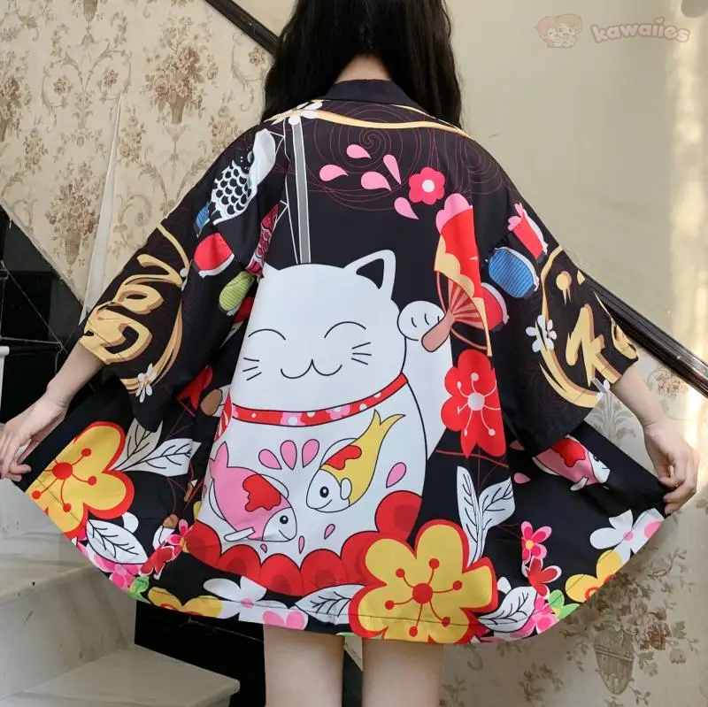Japanese-themed Red Black Lucky Cat Kimono-Kawaii Dream