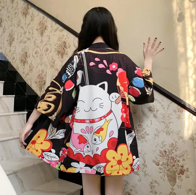 Japanese-themed Red Black Lucky Cat Kimono-Kawaii Dream