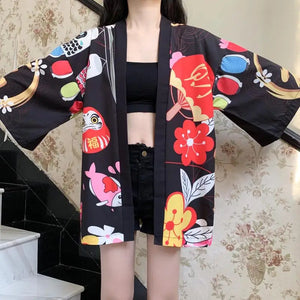 Japanese-themed Red Black Lucky Cat Kimono-Kawaii Dream