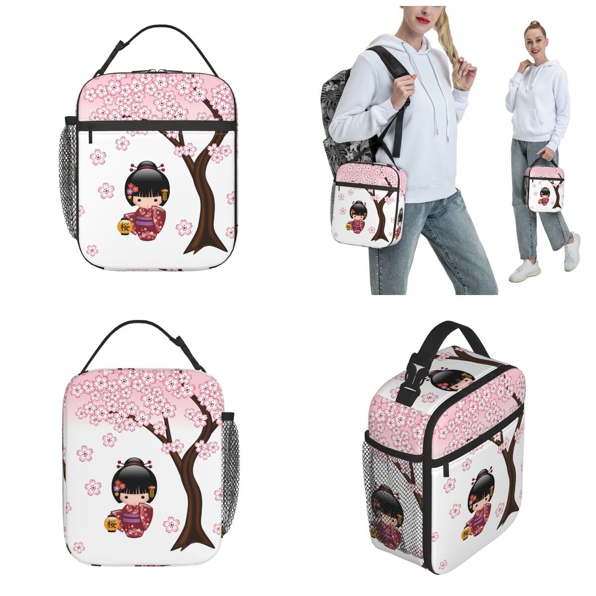 Japanese-themed Sakura Blossom Tree Keiko Kokeshi Doll Square Lunch Bag-Kawaii Dream