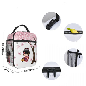 Japanese-themed Sakura Blossom Tree Keiko Kokeshi Doll Square Lunch Bag-Kawaii Dream
