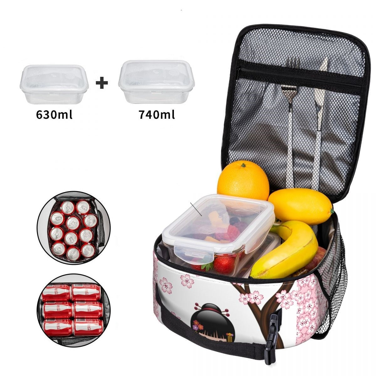 Japanese-themed Sakura Blossom Tree Keiko Kokeshi Doll Square Lunch Bag-Kawaii Dream