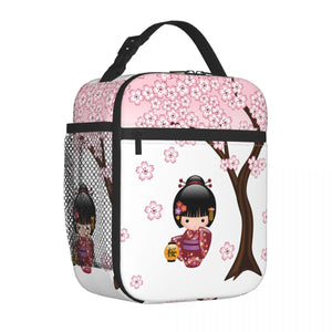 Japanese-themed Sakura Blossom Tree Keiko Kokeshi Doll Square Lunch Bag-Kawaii Dream
