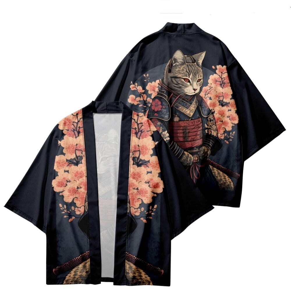 Japanese-themed Sakura Samurai Cat Print Unisex Kimono-Kawaii Dream