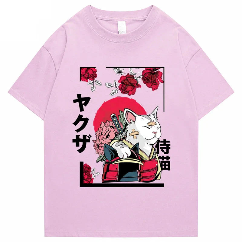 Japanese-themed Samurai Cat Rose Kanji Unisex Tee-Kawaii Dream