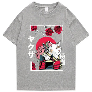 Japanese-themed Samurai Cat Rose Kanji Unisex Tee-Kawaii Dream