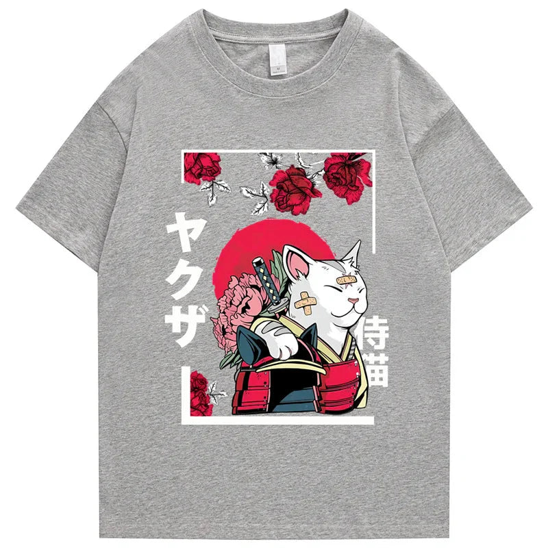 Japanese-themed Samurai Cat Rose Kanji Unisex Tee-Kawaii Dream