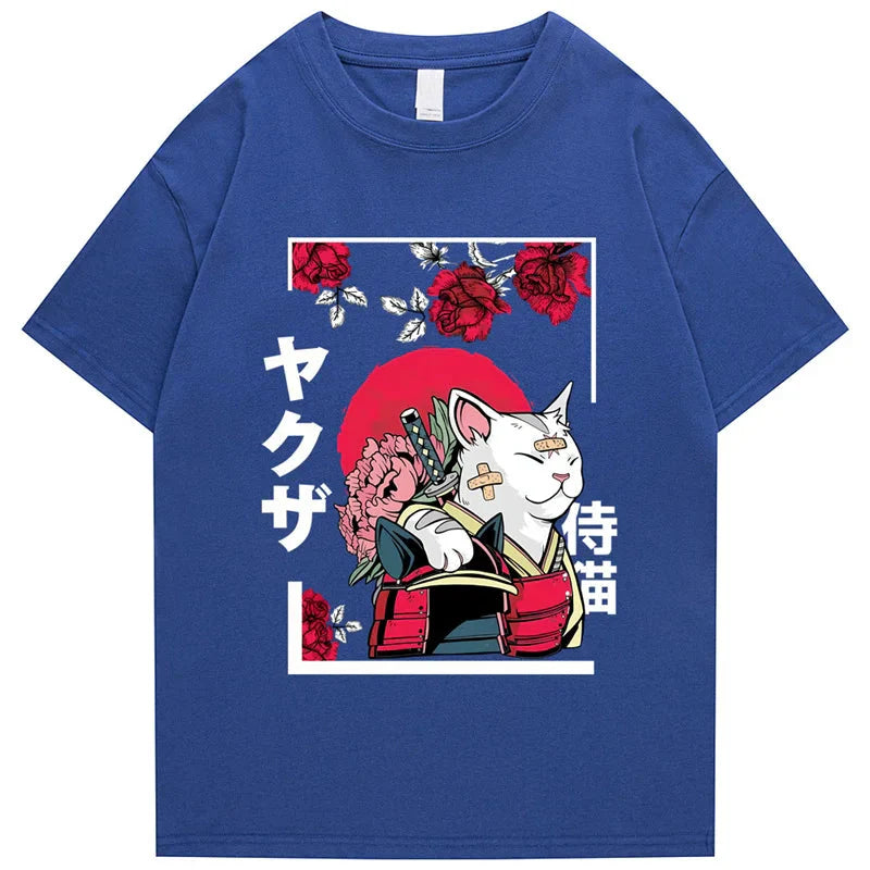 Japanese-themed Samurai Cat Rose Kanji Unisex Tee-Kawaii Dream