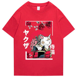 Japanese-themed Samurai Cat Rose Kanji Unisex Tee-Kawaii Dream