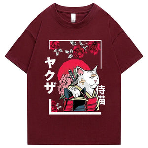 Japanese-themed Samurai Cat Rose Kanji Unisex Tee-Kawaii Dream
