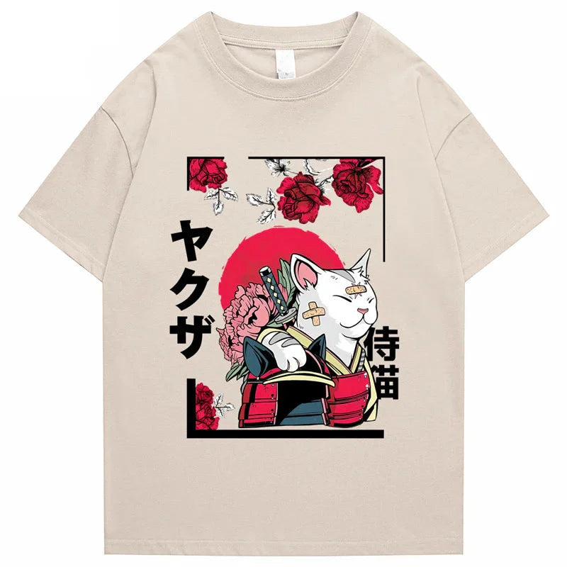 Japanese-themed Samurai Cat Rose Kanji Unisex Tee-Kawaii Dream