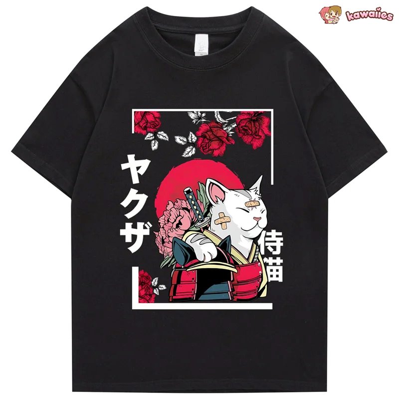 Japanese-themed Samurai Cat Rose Kanji Unisex Tee-Kawaii Dream