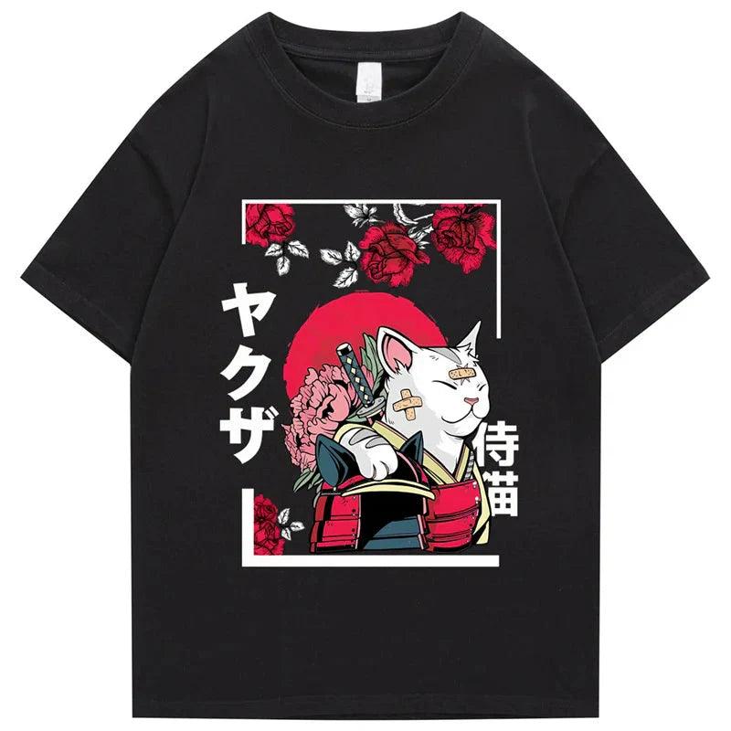 Japanese-themed Samurai Cat Rose Kanji Unisex Tee-Kawaii Dream