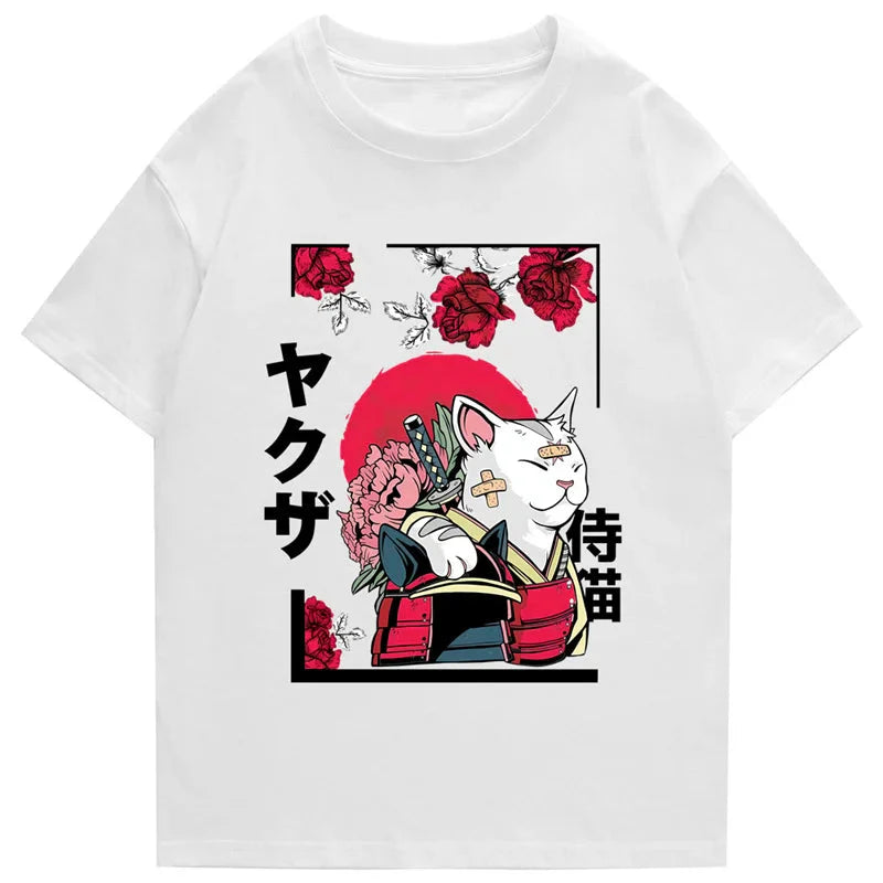 Japanese-themed Samurai Cat Rose Kanji Unisex Tee-Kawaii Dream