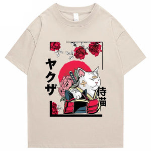 Japanese-themed Samurai Cat Rose Kanji Unisex Tee-Kawaii Dream
