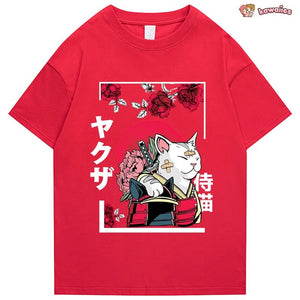 Japanese-themed Samurai Cat Rose Kanji Unisex Tee-Kawaii Dream