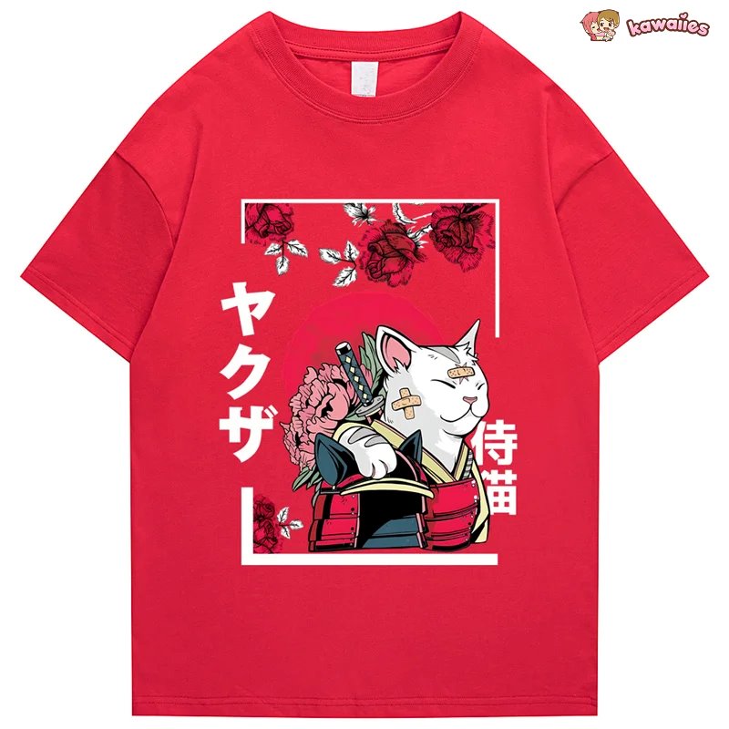 Japanese-themed Samurai Cat Rose Kanji Unisex Tee-Kawaii Dream