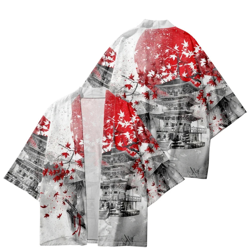 Japanese-themed Samurai Pagoda Red Sun Unisex Kimono-Kawaii Dream
