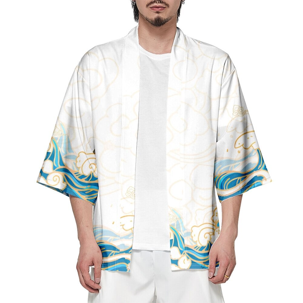 Japanese-themed Three Crane Waves White Unisex Kimono-Kawaii Dream