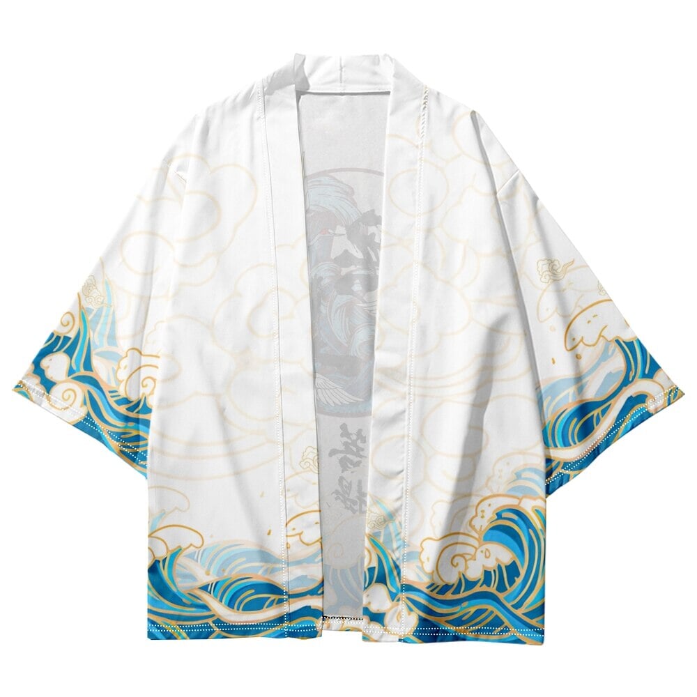Japanese-themed Three Crane Waves White Unisex Kimono-Kawaii Dream