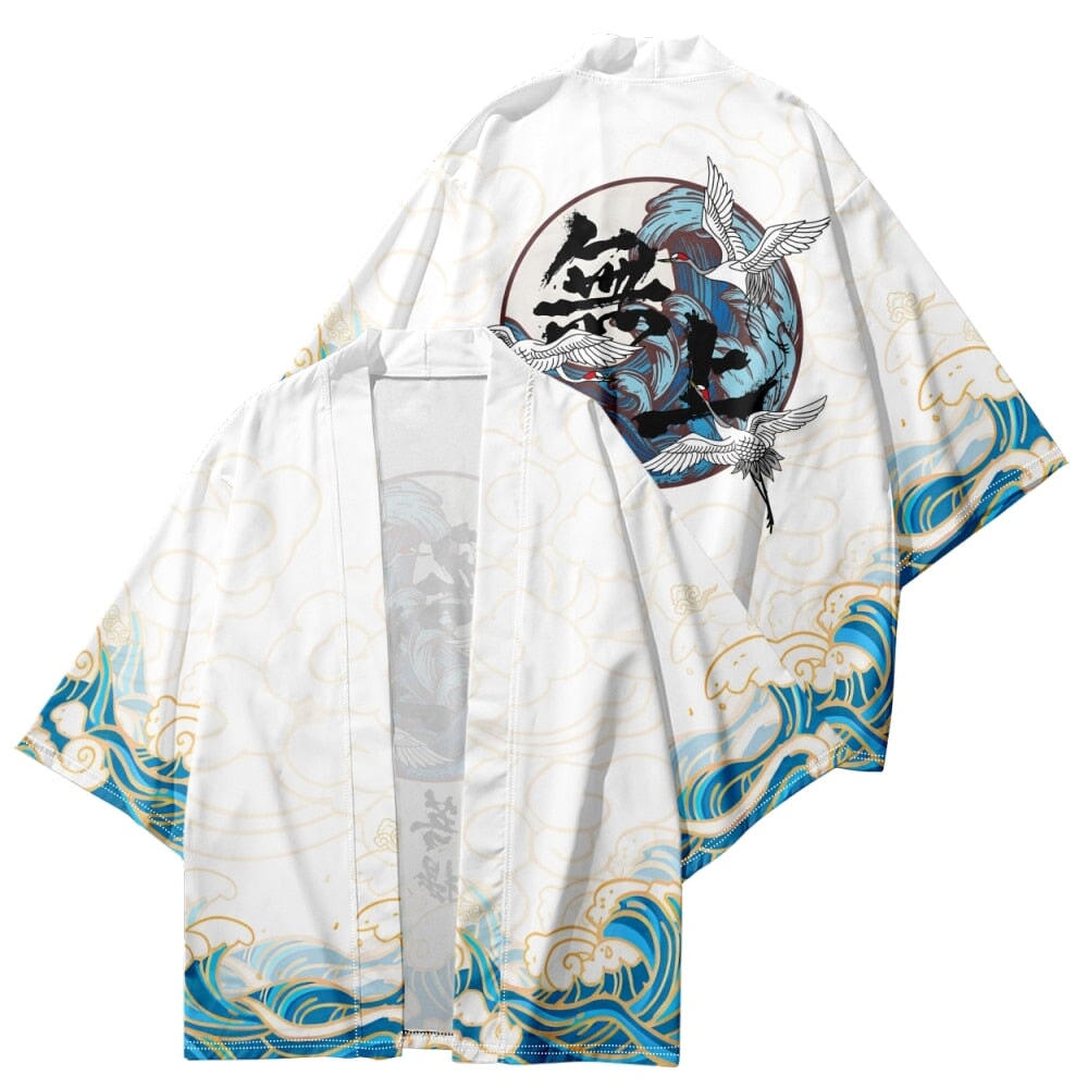 Japanese-themed Three Crane Waves White Unisex Kimono-Kawaii Dream