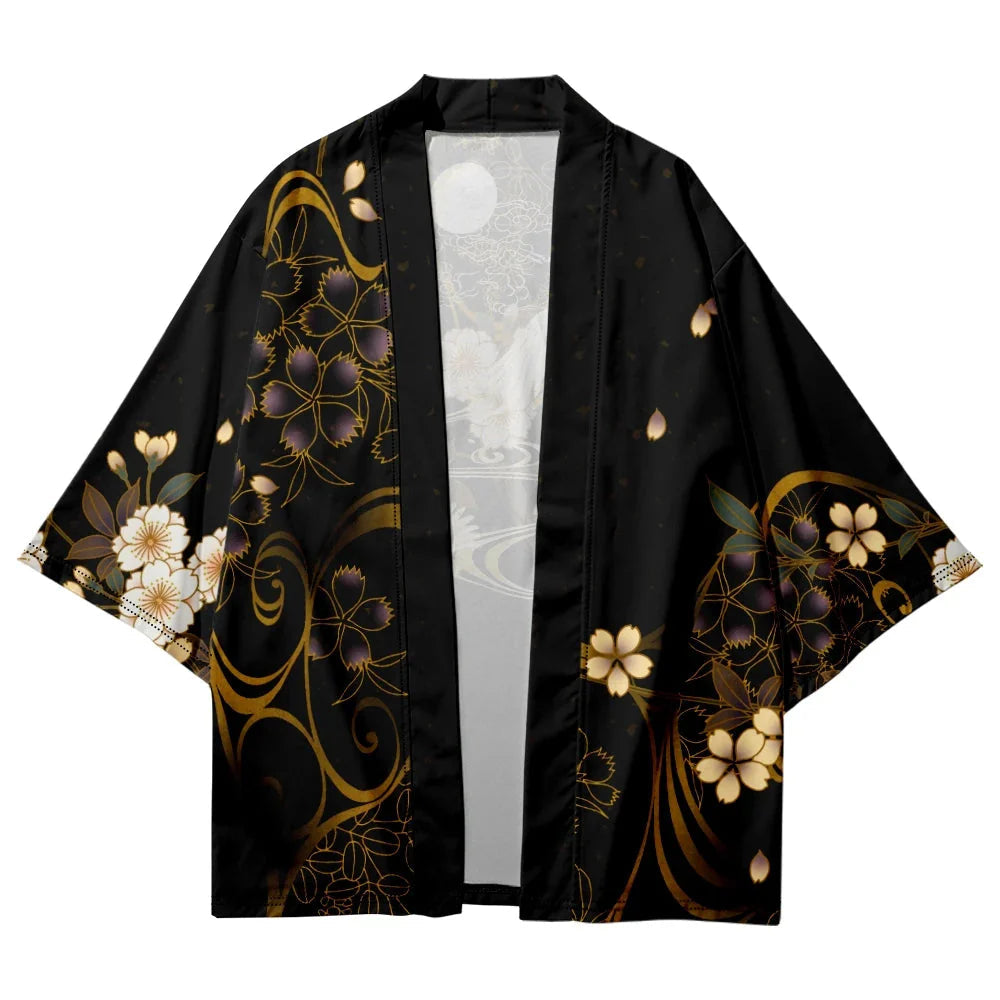 Japanese-themed White Crane Black Gold Unisex Kimono-Kawaii Dream