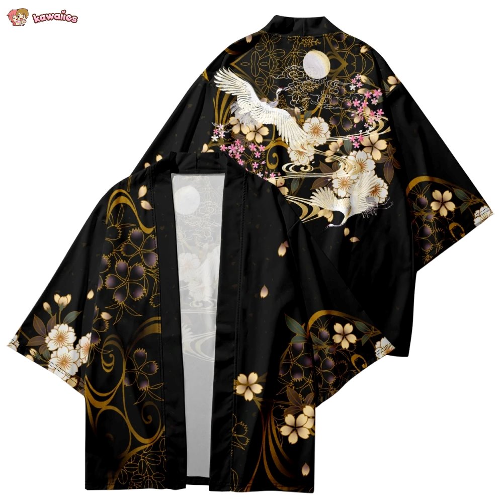 Japanese-themed White Crane Black Gold Unisex Kimono-Kawaii Dream