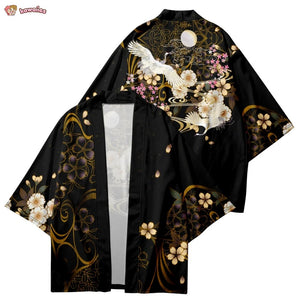 Japanese-themed White Crane Black Gold Unisex Kimono-Kawaii Dream
