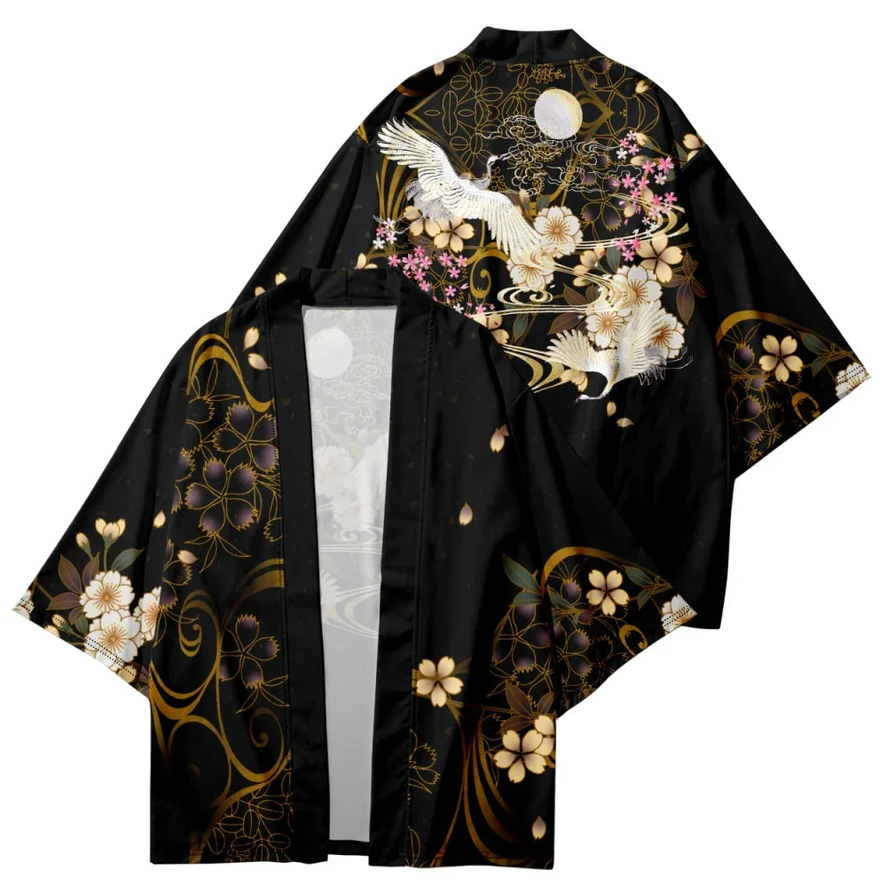 Japanese-themed White Crane Black Gold Unisex Kimono-Kawaii Dream