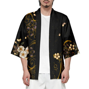 Japanese-themed White Crane Black Gold Unisex Kimono-Kawaii Dream