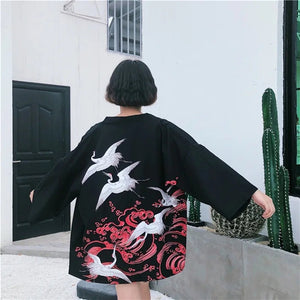 Japanese-themed White Cranes Red Black Women's Kimono-Kawaii Dream