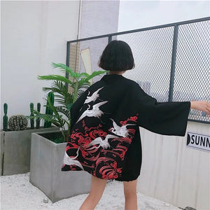 Japanese-themed White Cranes Red Black Women's Kimono-Kawaii Dream