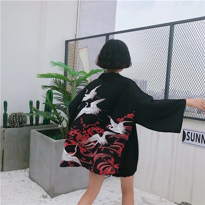 Japanese-themed White Cranes Red Black Women's Kimono-Kawaii Dream