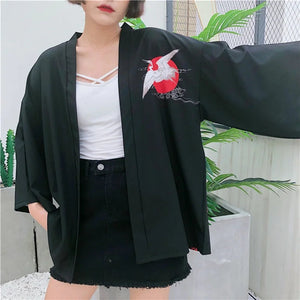 Japanese-themed White Cranes Red Black Women's Kimono-Kawaii Dream