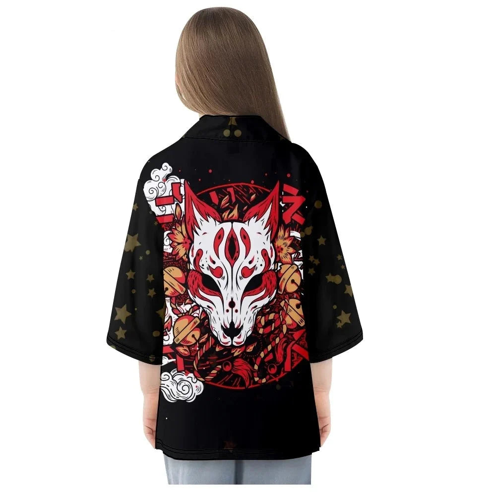 Japanese-themed White Fox Mask Print Unisex Kimono-Kawaii Dream