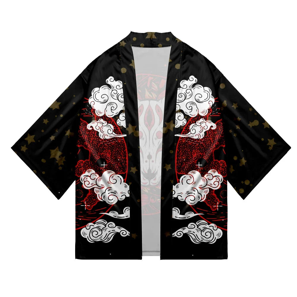 Japanese-themed White Fox Mask Print Unisex Kimono-Kawaii Dream