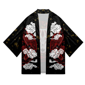 Japanese-themed White Fox Mask Print Unisex Kimono-Kawaii Dream