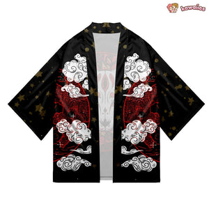 Japanese-themed White Fox Mask Print Unisex Kimono-Kawaii Dream