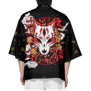 Japanese-themed White Fox Mask Print Unisex Kimono-Kawaii Dream