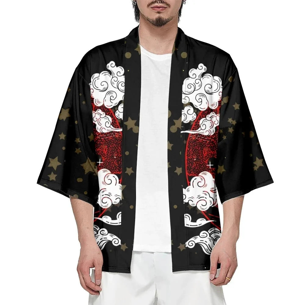Japanese-themed White Fox Mask Print Unisex Kimono-Kawaii Dream