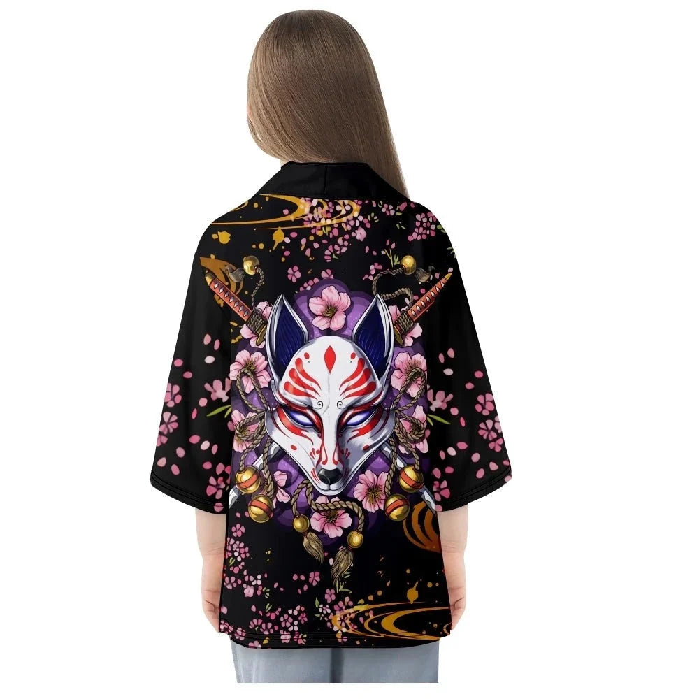 Japanese-themed White Fox Mask Sakura Unisex Kimono-Kawaii Dream