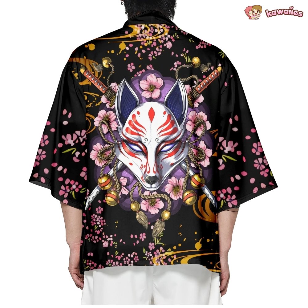 Japanese-themed White Fox Mask Sakura Unisex Kimono-Kawaii Dream