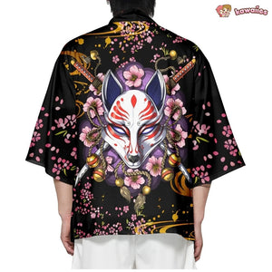 Japanese-themed White Fox Mask Sakura Unisex Kimono-Kawaii Dream