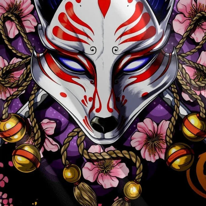 Japanese-themed White Fox Mask Sakura Unisex Kimono-Kawaii Dream