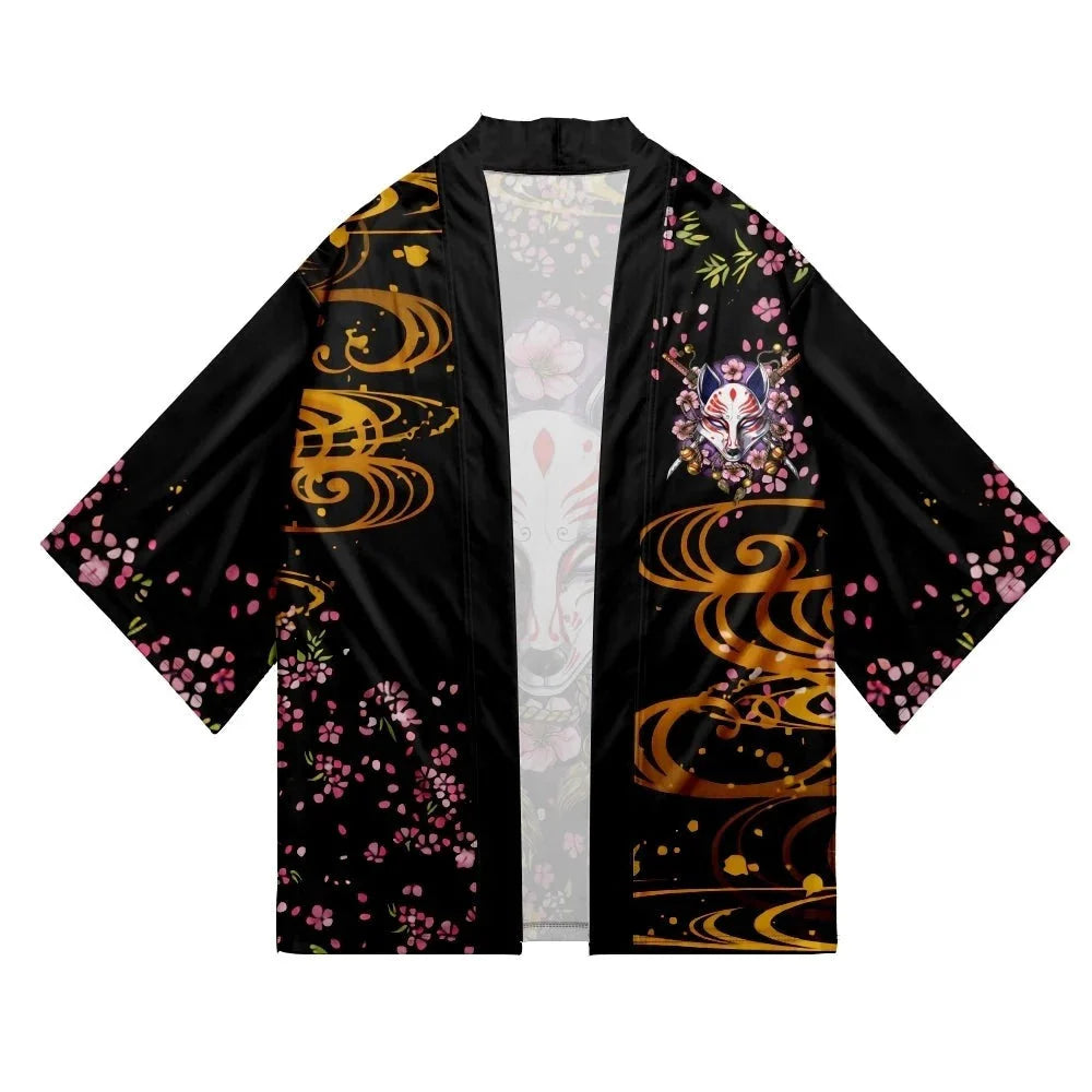 Japanese-themed White Fox Mask Sakura Unisex Kimono-Kawaii Dream