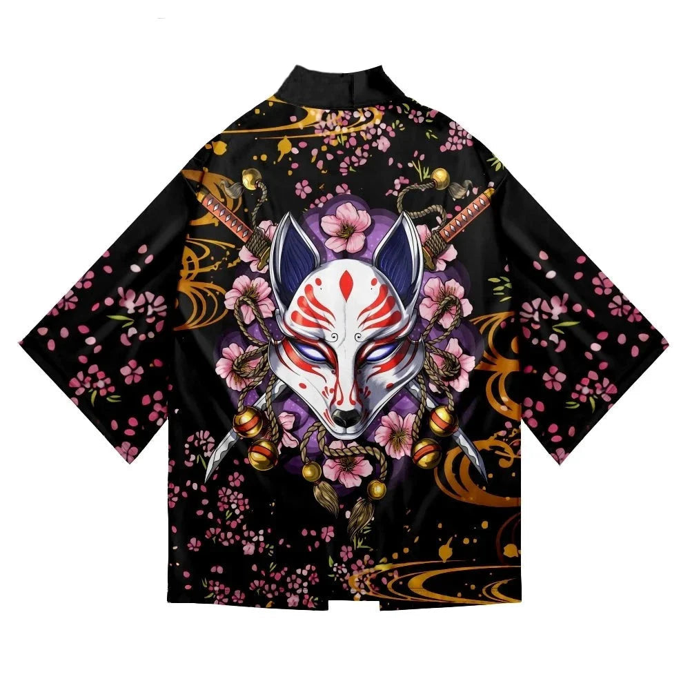 Japanese-themed White Fox Mask Sakura Unisex Kimono-Kawaii Dream