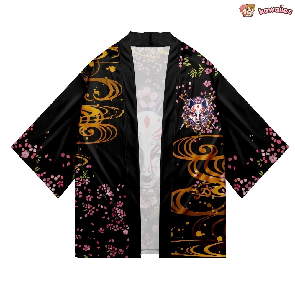 Japanese-themed White Fox Mask Sakura Unisex Kimono-Kawaii Dream