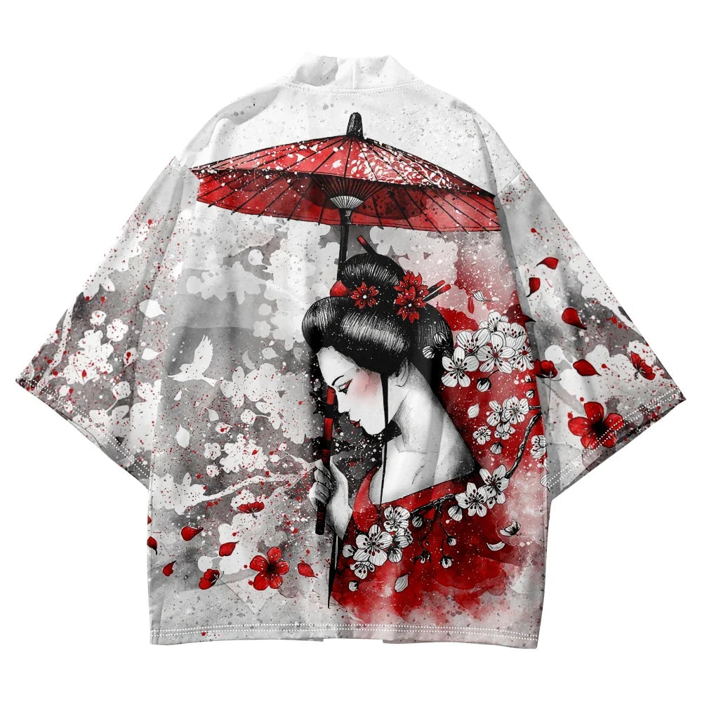 Japanese-themed White Kimono Lady Red Sakura Unisex Kimono-Kawaii Dream