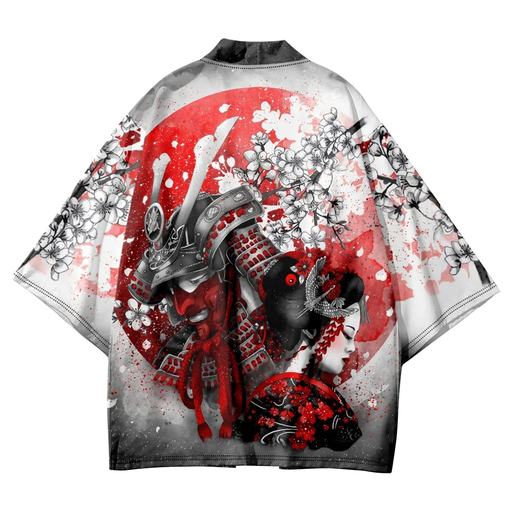 Japanese-themed White Kimono Lady Red Sakura Unisex Kimono-Kawaii Dream